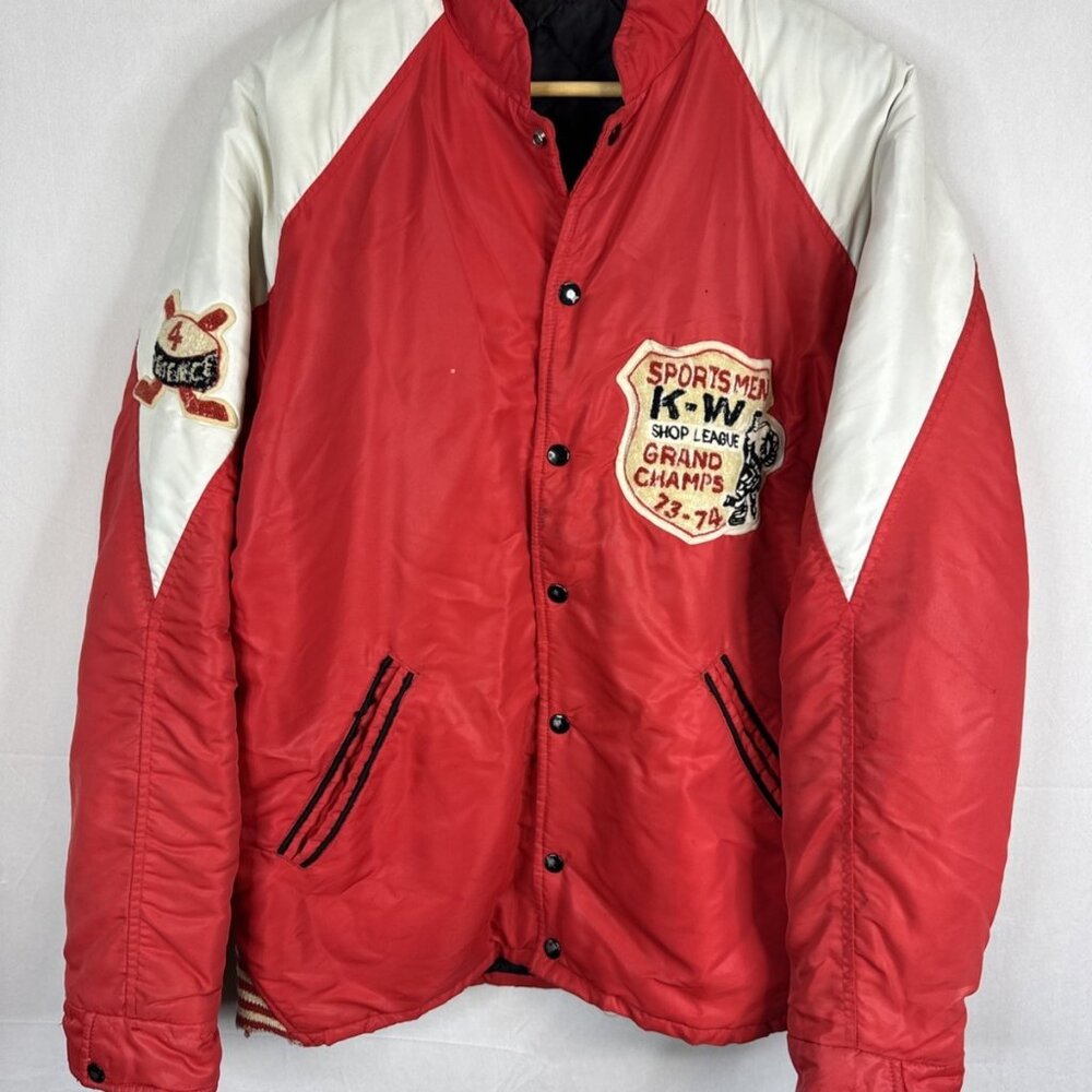 Vintage 1973–74 Sportsmen Red Varsity Jacket Raglan Sleeve Distress Streetwear L